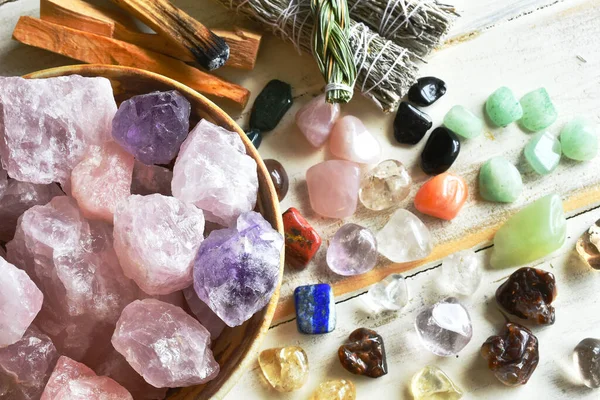 Top View Image Bowl Rose Quartz Crystals Several Other Healing — Stock Photo, Image