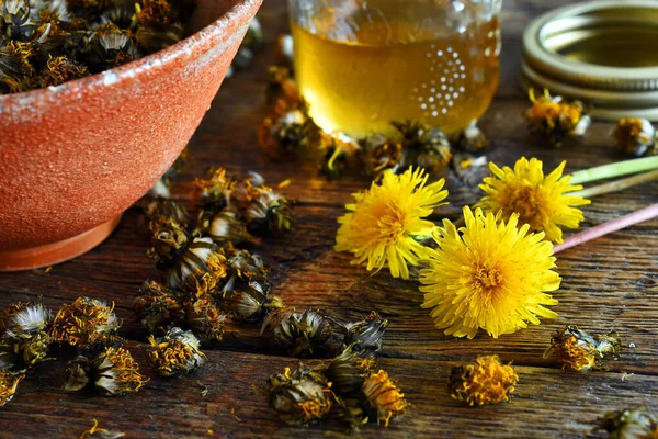 Close Image Jars Home Made Dandelion Syrup Dandelion Flowers Old — Stock Photo, Image