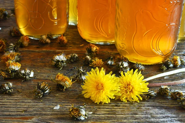 Close Image Jars Home Made Dandelion Syrup Dandelion Flowers Old — Stock Photo, Image