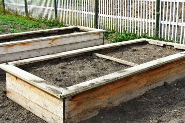 Baharın başlarında yetiştirilmiş ve sebze tohumlarıyla ekilmeye hazır ahşap bahçe yataklarının bir görüntüsü.. 