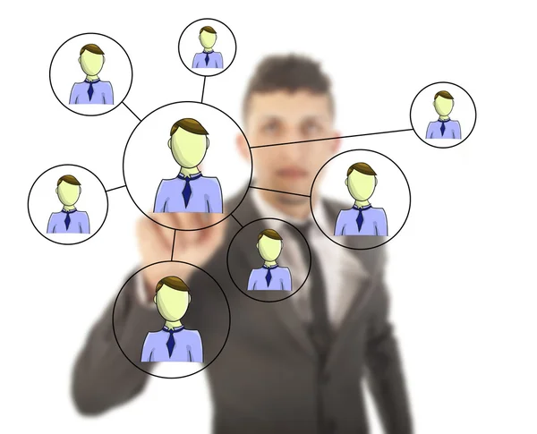Geschäftsmann mit Online-Freundesnetzwerk isoliert auf weißem Hintergrund — Stockfoto