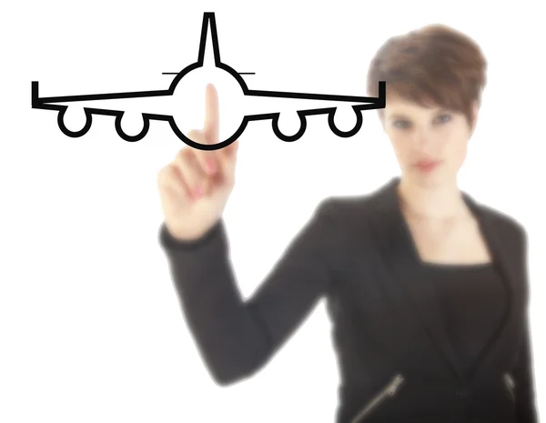 Young businesswoman with plane isolated on white background — Stock Photo, Image