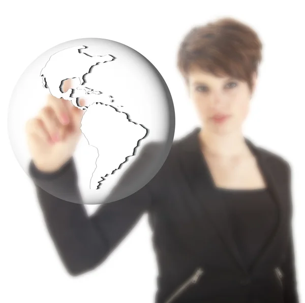 Молода бізнес-леді з глобусом ізольована на білому тлі — стокове фото