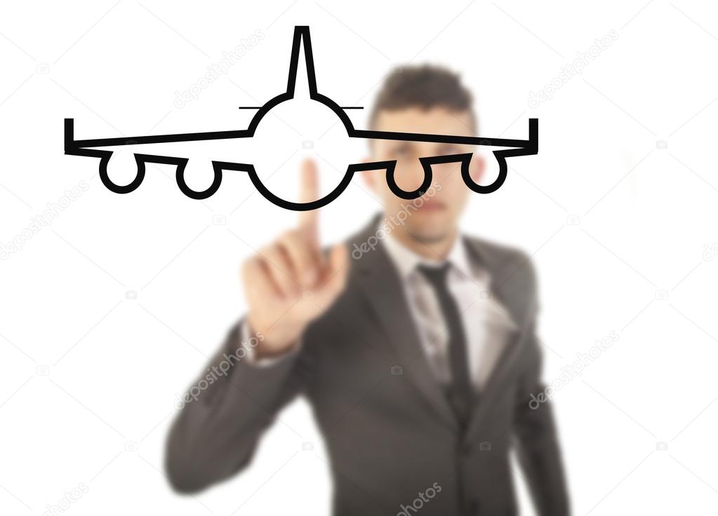 Young businessman with airplane isolated on white background
