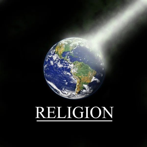 Erde mit religiösem Lichtstrahl mit schwarzem Hintergrund — Stockfoto