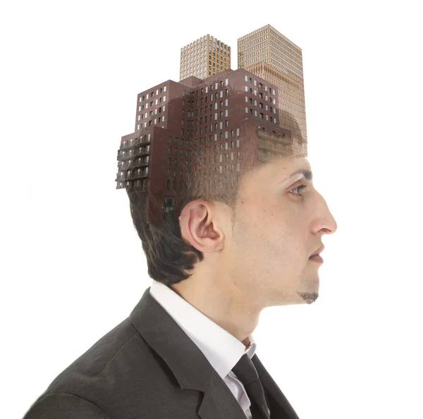 Double exposure of business man with skyscrapers isolated on white background — Stock Photo, Image