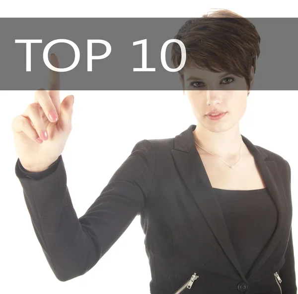 Business woman with top 10 sign on white background — Stock Photo, Image