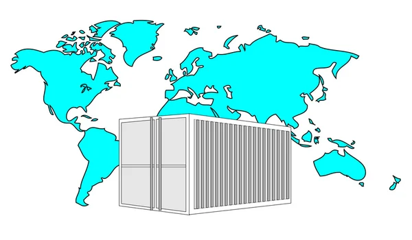Ilustrasi logam 40 ft kontainer laut dengan warna biru muda peta dunia - Stok Vektor