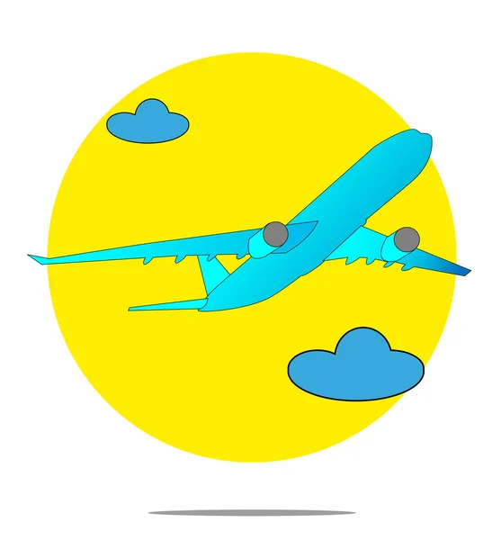 Illustration of a blue airplane with yellow circle background — Stock Vector