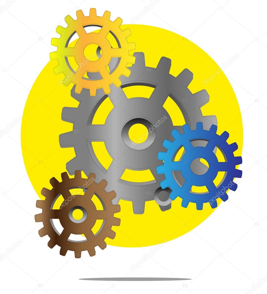 Illustration of colorful gears with yellow circle background
