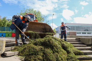 MINSK, BELARUS - 1 EKİM, 2020: şehirdeki nehirde yosun biçme