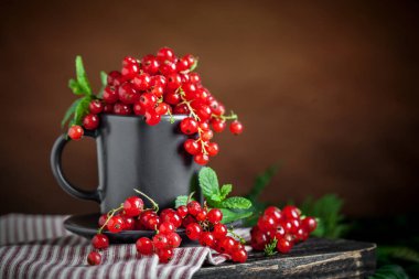 Koyu kırsal ahşap bir masada fincanda taze kırmızı frenk üzümü. Kopyalamak için alanı olan bir arka plan. Seçici odak.