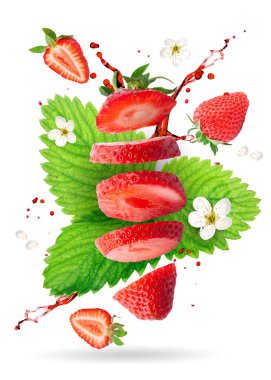 Beyaz arka planda yükselen çilek. Beyaz arka planda izole bir nesne. Yatay.