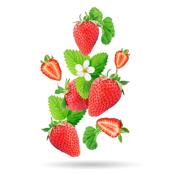 Fresas levitando sobre un fondo blanco. Objeto aislado sobre fondo blanco. Horizontal. — Foto de Stock