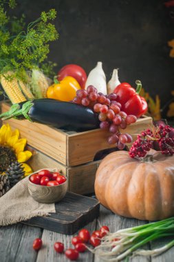 Sebze ve meyvelerle süslenmiş bir masa. Hasat Festivali, Mutlu Şükran Günleri. Sonbahar arkaplanı. Seçici odak.