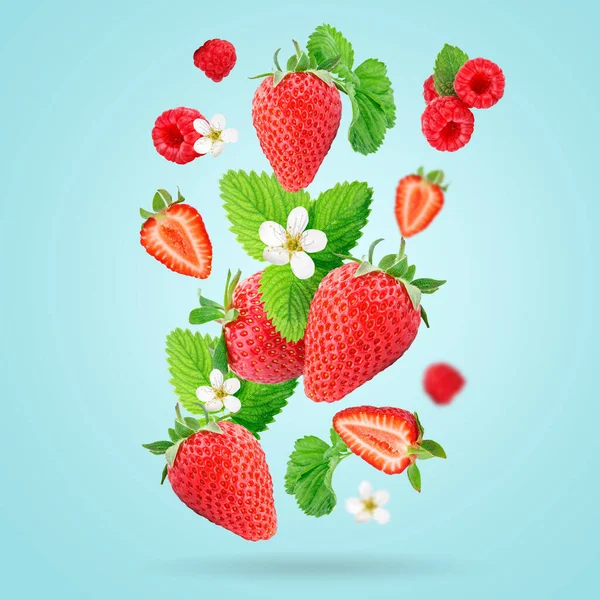 Aardbeien zweven op een blauwe achtergrond. Aardbeien achtergrond. — Stockfoto