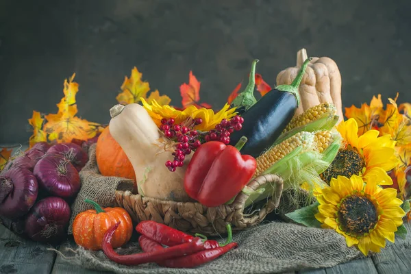 De tafel, versierd met groenten en fruit. Oogstfeest, fijne Thanksgiving. Herfst achtergrond. Selectieve focus. — Stockfoto