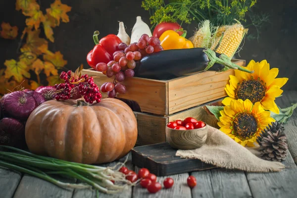 Стол, украшенный овощами, тыквами и фруктами. Праздник урожая, счастливого Дня благодарения. Осенний фон. Выборочный фокус. Горизонталь. — стоковое фото