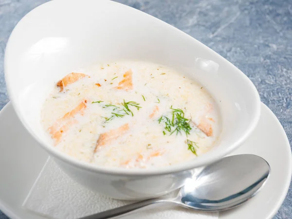 Tasty Creamy Fish Soup Salmon White Bowl Concept Healthy Food — Stock Photo, Image