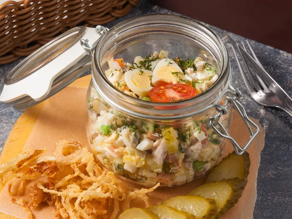 Tasty Classic Olivier Salad Jar Unusual Serving Restaurant — Stock Photo, Image
