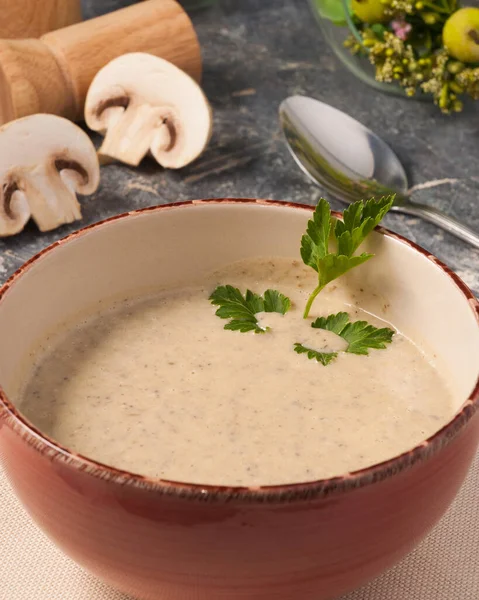 Tasty Mushroom Puree Soup Decorated Parsley Bowl — Stock Photo, Image