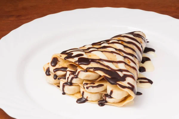 Pancake Banana Chocolate White Plate — Stock Photo, Image