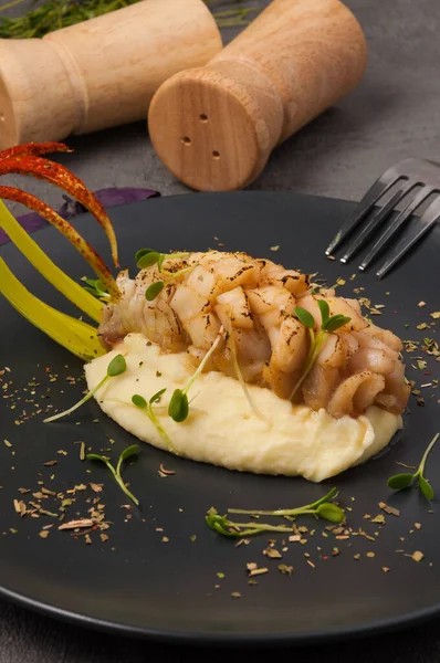 Tasty White Fish Mashed Potatoes Black Plate — Stock Photo, Image