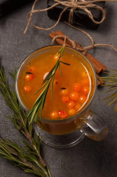 Tasty Hot Sea Buckthorn Drink Gray Background Top View — Stock Photo, Image