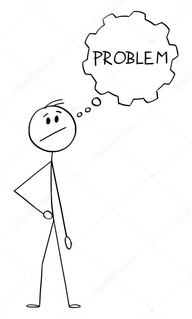 Vector Cartoon Illustration of Man or Businessman or Innovator With Thought Bubble or Balloon in Shape of Cog Wheel Thinking About Problem.