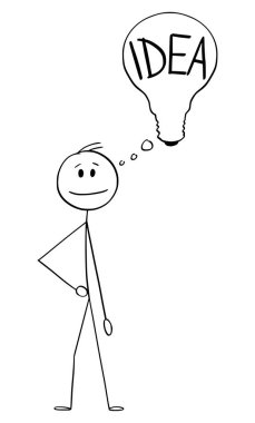 İnsan ya da İşadamı 'nın vektör karikatürü ya da Düşünen Balon ya da Ampul Şeklinde Balon ile İnovatör. Bir fikri var.
