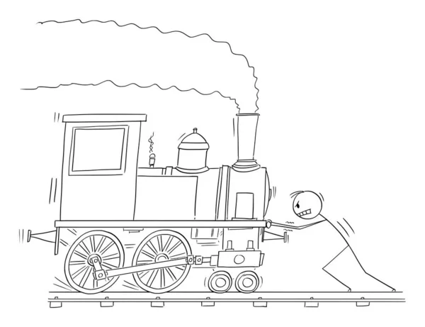 Vector Cartoon Illustration of Man Pushing Steam Railway Train Engine or Locomotive — стоковый вектор