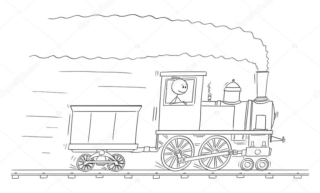 Vector Cartoon Illustration of Man or Engineer Driving Steam Train Engine or Locomotive Running on Railroad Track