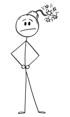 Hüsrana uğramış Mutsuz Adam 'ın Vector Çizgi Filmi ya da Kafası Yanmış Fitili Retro Bomba Olarak Başında Duran İşadamı. Ruh Sağlığı kavramı.