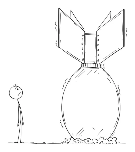Vektorové kreslené ilustrace frustrovaného děsivého muže při pohledu na atomovou bombu, která může explodovat. — Stockový vektor