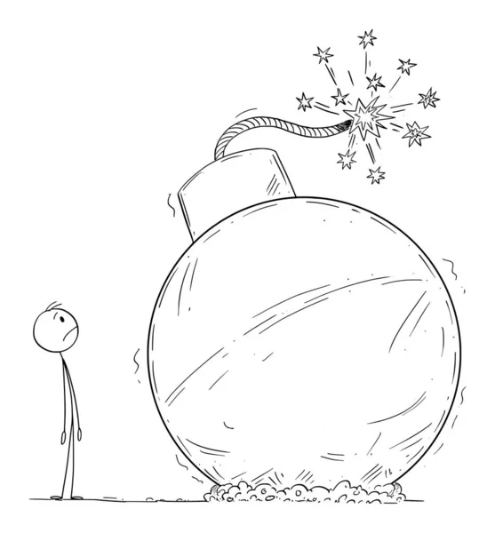 Ilustración de dibujos animados vectoriales de hombre aterrador frustrado mirando el palo de la bomba retro en el suelo que puede explotar. — Vector de stock