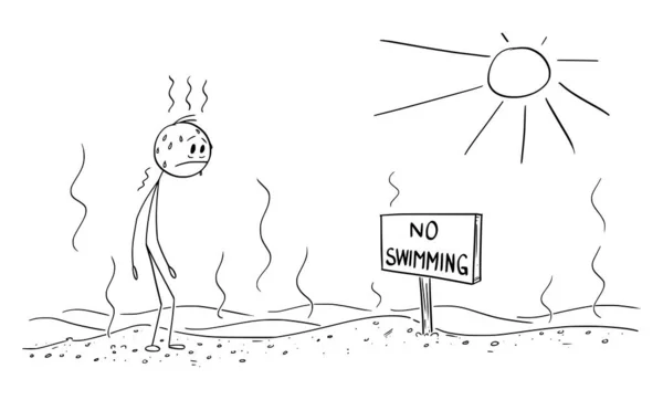 Vector Cartoon Illustratie van Uitgeputte Dorstige Man Staande in Hete Woestijn en Kijken Geen Zwemmen Teken. Grapje, Carton, Humor. Milieuconcept voor opwarming van de aarde. — Stockvector