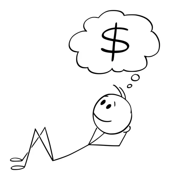 Vector Cartoon Illustration of Man atau Businessman Lying on Ground and Dreaming or Thinking About Money (dalam bahasa Inggris). Simbol Dollar dalam Gelembung Pikiran atau Balon - Stok Vektor