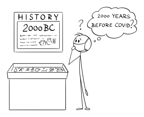 Vector Cartoon Illustration des Mannes, der eine Schutzmaske trägt und die Ausstellung im Museum beobachtet und darüber nachdenkt, ob BC vor Covid bedeutet. Konzept von Covid-19 oder Coronavirus. — Stockvektor