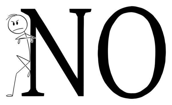 Vector Cartoon Illustration of Angry Negative Man Leaning Towards Big No Sign