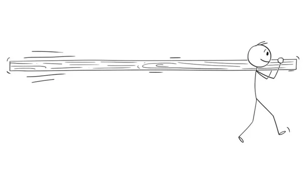Illustrazione del fumetto vettoriale di un singolo uomo che tiene e trasporta tronchi lunghi o travi da solo. — Vettoriale Stock