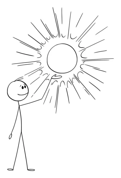 Векторная карикатура Иллюстрация человека держа и показывая светящийся или светящийся шар или круг или солнце, вы можете добавить иконку или изображение продукта внутри — стоковый вектор