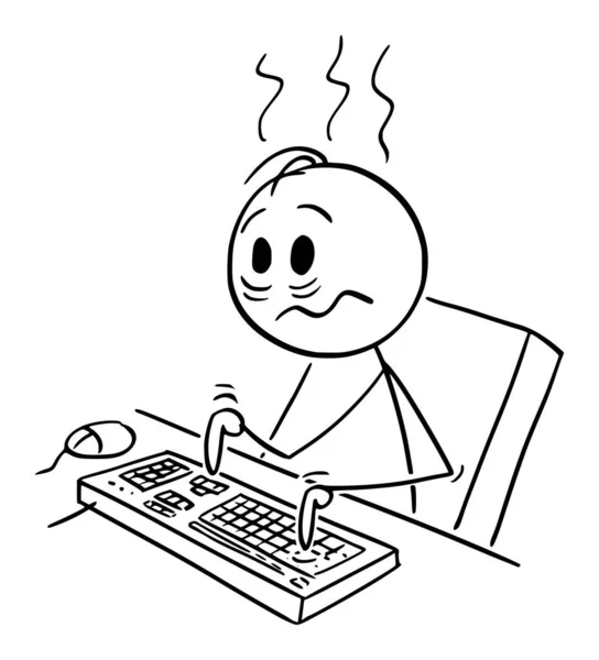 Illustrazione del fumetto vettoriale dell'uomo stanco, esausto o sovraccarico o dell'uomo d'affari che lavora nell'ufficio sul calcolatore — Vettoriale Stock