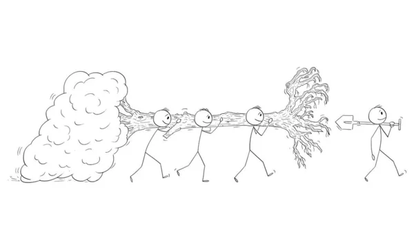 Ilustración de dibujos animados vectoriales del grupo de hombres que llevan o mueven árboles maduros que van a plantarlos o replantarlos — Vector de stock