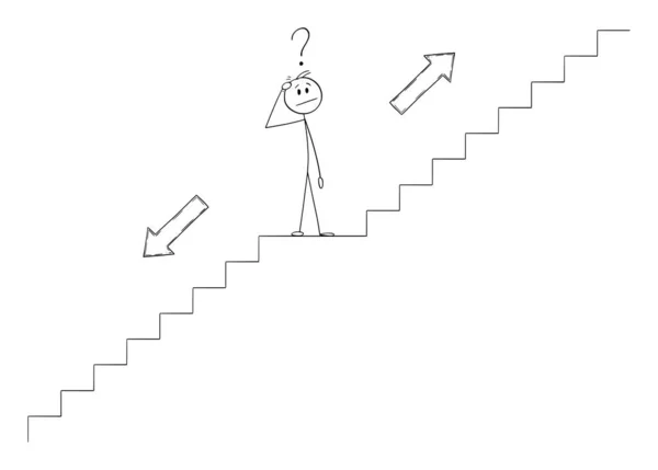 Dibujos animados vectoriales Ilustración del hombre o del hombre de negocios Pensando en las escaleras, eligiendo hacia arriba o hacia abajo. Concepto de carrera o futuro — Vector de stock