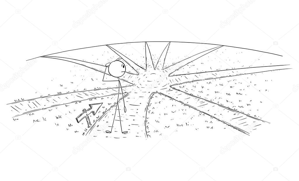 Vector Cartoon Illustration of Man or Businessman Standing on Crossroad and Choosing Way to Success
