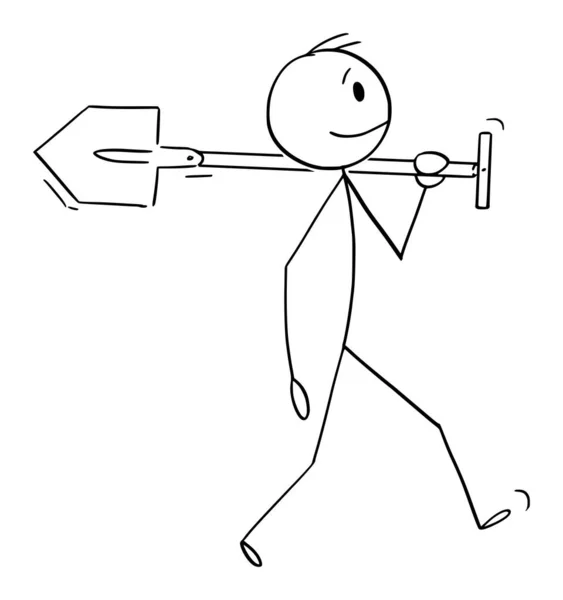 Ilustración de dibujos animados vectoriales del hombre, trabajador o jardinero caminando con pala o espada, yendo a cavar el agujero o trabajar en el jardín — Vector de stock