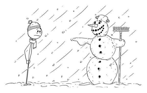 Ilustración de dibujos animados vectoriales de un hombre frustrado mirando a un muñeco de nieve burlándose de él — Vector de stock