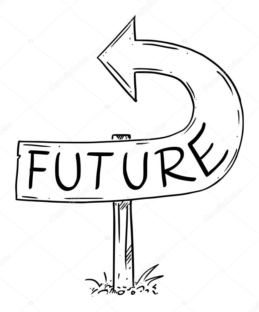 Future Arrow Sign Bent Backward, Showing Wrong Direction, Moving Back to Past Again, Repeating History. Vector Cartoon Illustration
