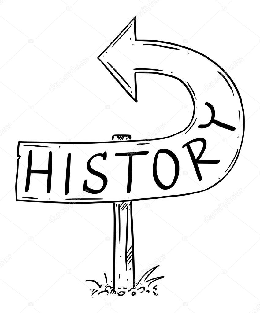 History Arrow Sign Bent Backward, Showing Wrong Direction, Moving Back to Past Again, Repeating Time. Vector Cartoon Illustration