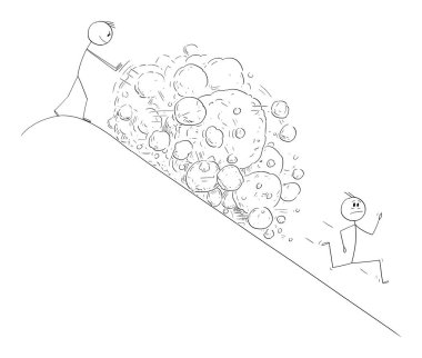Vector Cartoon Illustration of Man Creating Avalanche of Rocks Falling On Running Competitor vector